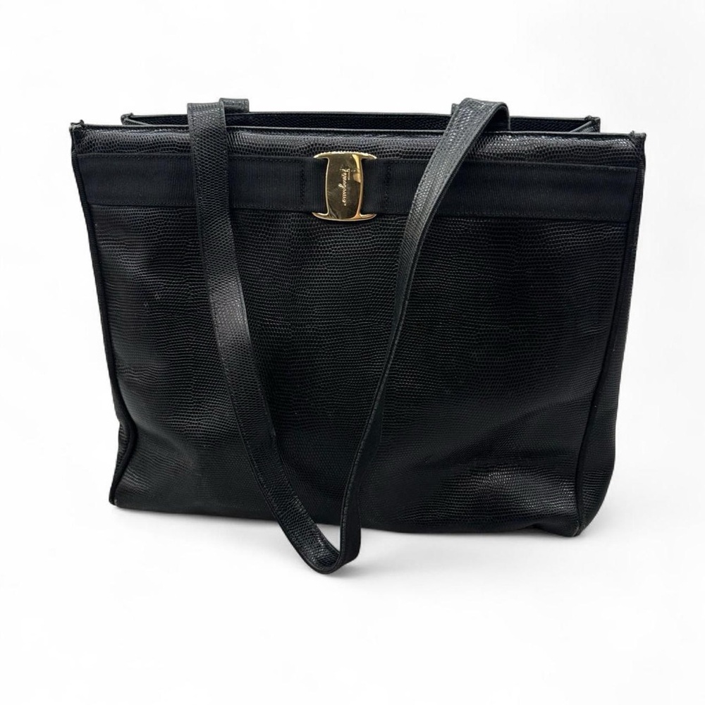 Black Leather Salvatore Ferragamo Vara Lizard Textured Handbag